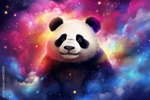 a panda with a background of stars and colorful clouds