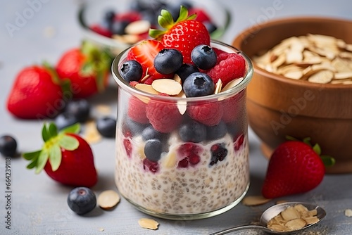 Mixed berries overnight oats with almond flakes in a glass jar, healthy breakfast. photo