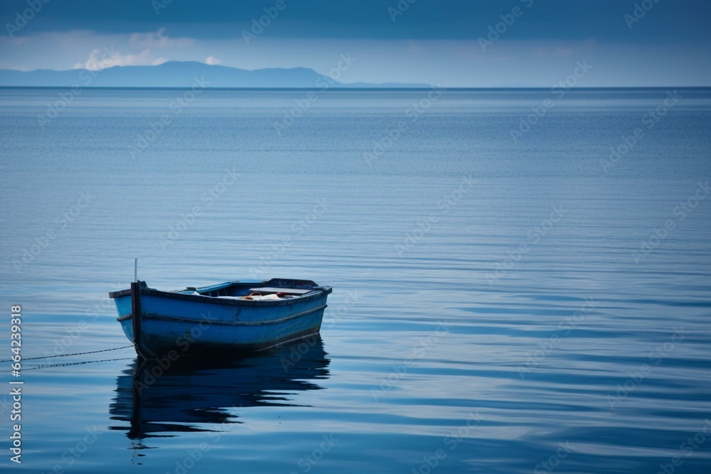 blue boat on calm sea. Generative AI