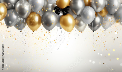 Bunch of golden and silver gray metallic glitter balloons on glistering background