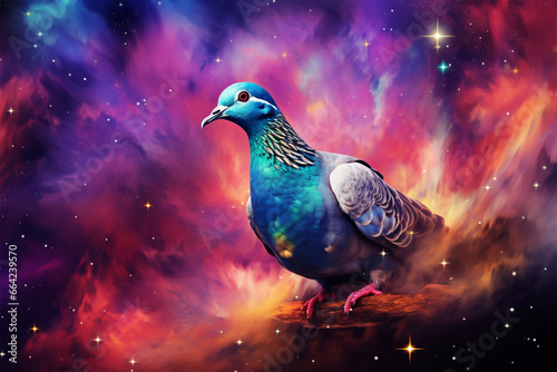 a dove with stars and colorful clouds in the background