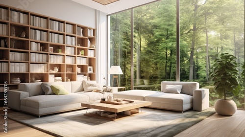Modern Living Room with White Furniture and Bookshelf