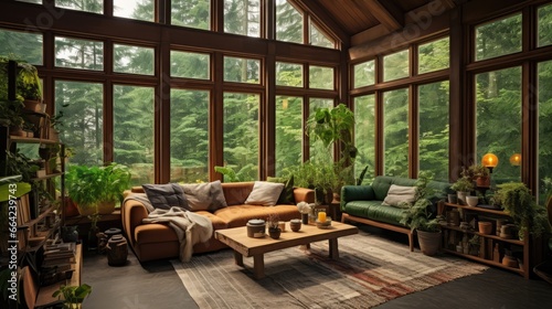Sunlight-filled living room with couches and green furniture
