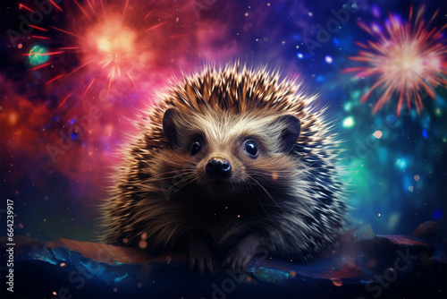 a hedgehog with a background of colorful stars and clouds