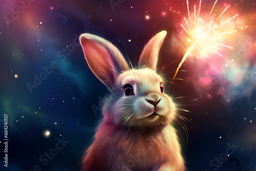 a rabbit with a background of stars and colorful clouds