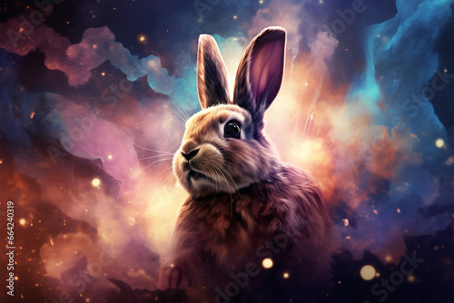 a rabbit with a background of stars and colorful clouds