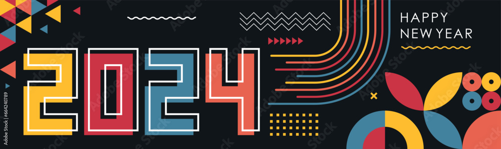 happy new year 2024 cover with modern geometric abstract background in retro style. happy new year greeting card banner design for 2024 art calligraphy, colorful shapes. Creative Vector illustration. happy new year 2024 cover with modern geometric abstract background in retro style. happy new year greeting card banner design for 2024 art calligraphy, colorful shapes. Creative Vector illustration.