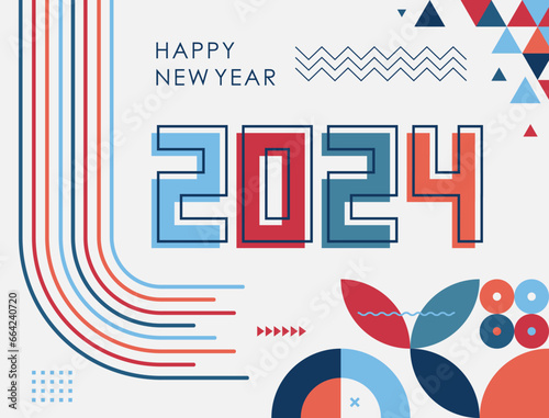 happy new year 2024 cover with modern geometric abstract background in retro style. happy new year greeting card banner design for 2024 art calligraphy, colorful shapes. Creative Vector illustration.