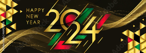 2024 new year banner with golden black background. happy new year greeting card cover with shiny, gold color waves lines lights. Premium Elite royal elegant 2024 design green red ruby emerald jewelry.