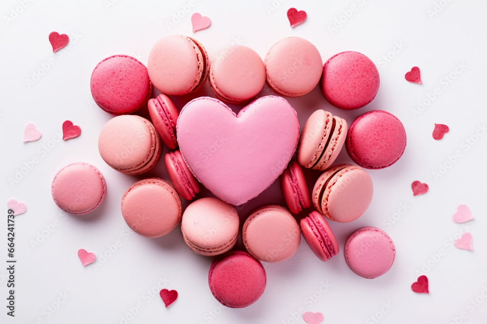 heart shape macarons on a pastel pink background flat lay for Valentine's day