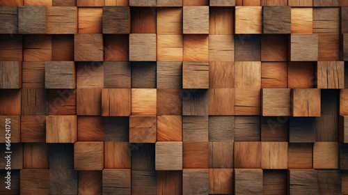 Dark color wood cube stack textured background, modern style wooden material abstract background.