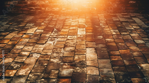 Old brick floor with beautiful light, rustic and grunge style vintage brick wall background.