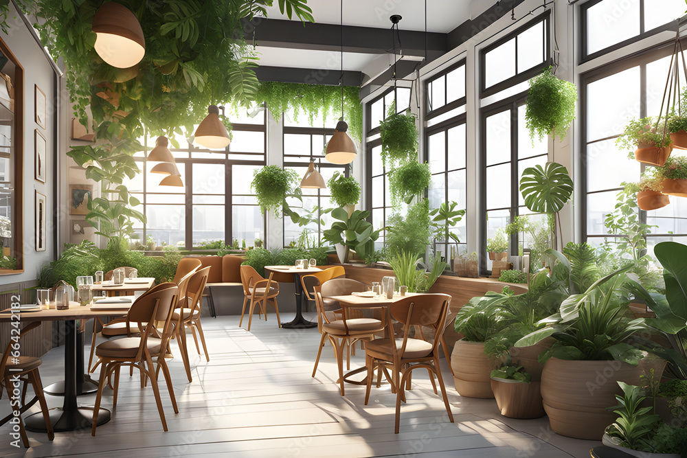 A quiet, bright, and bright cafe scene with lots of plants. Generative AI