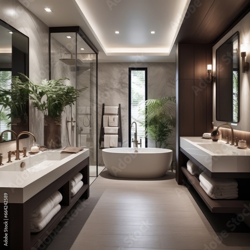 Luxurious bathroom with his and her sinks  a large tub  and a huge mirror.