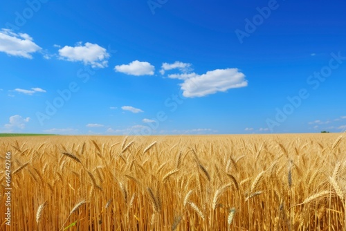 Wheat field under blue sky.