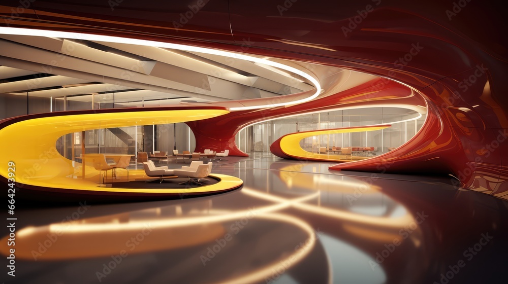 Modern Red Office Building with Unique Curved Walls and Circulation Tubes