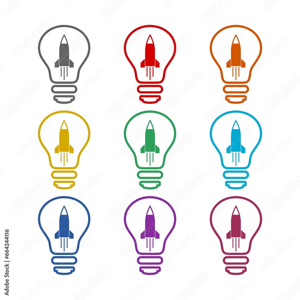 Light bulb and rocket launch icon isolated on white background. Set icons colorful Light bulb and rocket launch icon isolated on white background. Set icons colorful