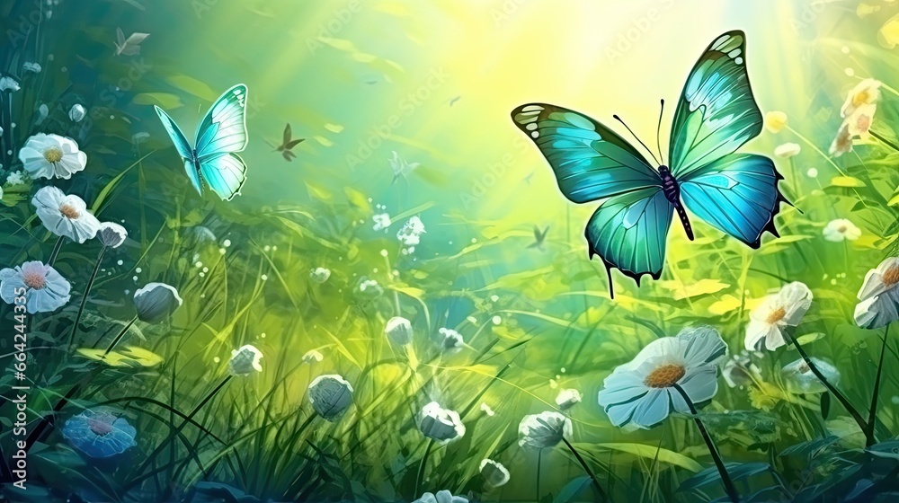 Fototapeta premium Whimsical Dance of Vibrant Butterflies in a Lush Meadow: Nature's Serene Symphony - Generative AI