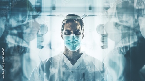 Double exposure photography of a closeup doctor and the hospital operating room