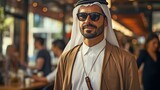 Middle-eastern Arab man travelling through an urban business district while dressed in traditional Emirati garb, the kandora..