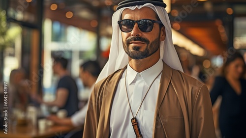 Middle-eastern Arab man travelling through an urban business district while dressed in traditional Emirati garb, the kandora.. photo