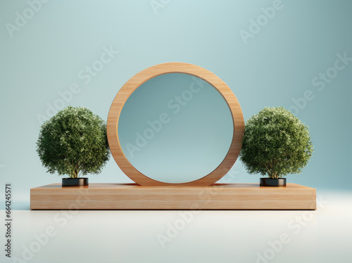 a round frame with greenery, in the style of minimalist stage designs