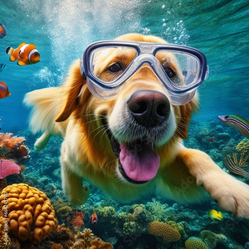 Dog snorkeling in the sea