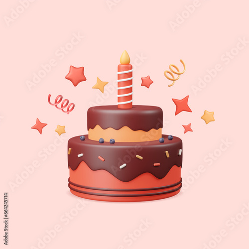 3d cake render with candle, popper serpentine, stars. Birthday chocolate dessert. Celebration pie with sprinkles and icing in plastic style. Vector illustration in red color on pink background.