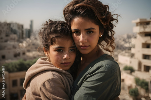 mother and daughter middle of war - stop war