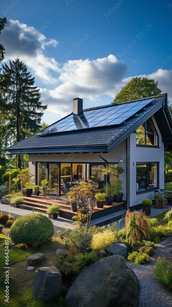 Using the photovoltaic effect, a solar panel system powers the home's electricity needs. a two-story house seen from above with solar panels on the roof, .