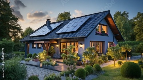 Using the photovoltaic effect, a solar panel system powers the home's electricity needs. a two-story house seen from above with solar panels on the roof, . photo