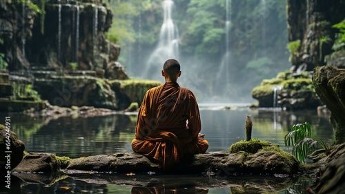 Buddha sitting in meditation on a rock by a waterfall in the wild. © tongpatong