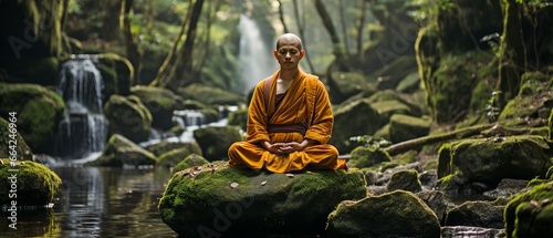 Buddha sitting in meditation on a rock by a waterfall in the wild.