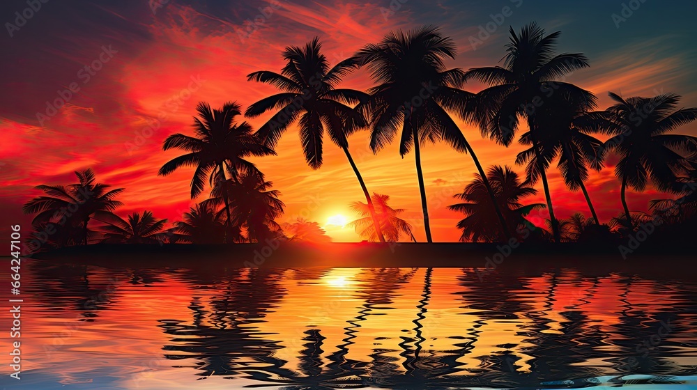 Tropical Sunset Over the Ocean with Palm Trees