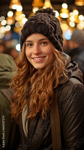 smiling young woman in a photograph having fun at a holiday market.