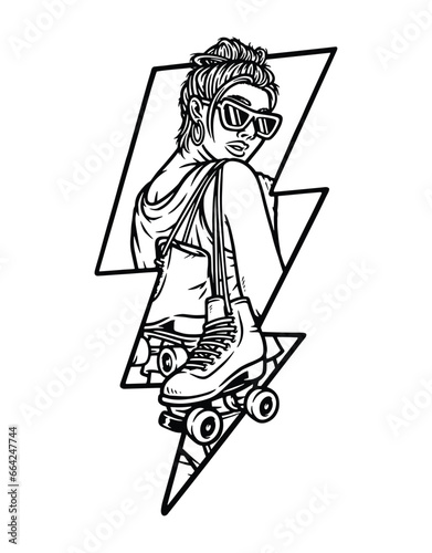 woman carrying roller skates line illustration
