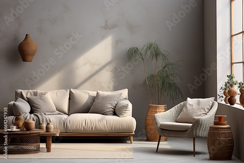 Luxurious Boho style interior with a gray sofa and armchair on a cream color wall background, creating a chic and relaxed atmosphere