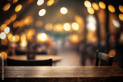 Empty wood table for product display in blur background of admirable restaurant at night generative ai © Summit Art Creations
