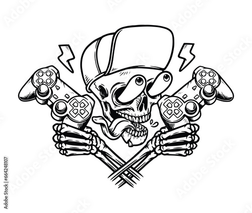 skull holding game controller line illustration
