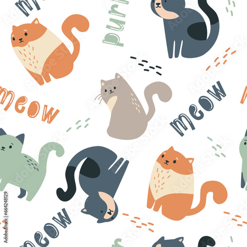 Seamless vector pattern. Cute cats in Scandinavian style, boho, inscriptions pur and meow. Vector illustration