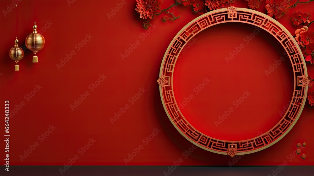 Luxury Chinese oriental rounded frame with Chinese lantern and flower AI Generative Luxury Chinese oriental rounded frame with Chinese lantern and flower AI Generative
