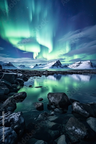 Spectacular Display of Northern Lights over a Rocky Shoreline