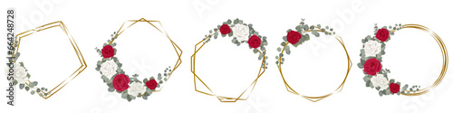 Vector floral set for wedding design. Gold frames, white and red roses, eucalyptus, green plants and eucalyptus . Vector illustration