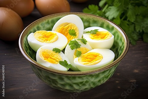 Boiled eggs in bowl.