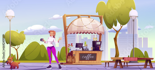 Woman walking dog on leash near coffee shop in summer city park. Vector cartoon illustration of female character with pet in public garden, small outdoor cafe, street lanterns, cityscape background