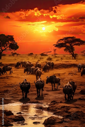 Sunset over the Serengeti - A Herd of Buffalo