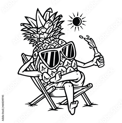 pineapple lying down while enjoying a drink line illustration