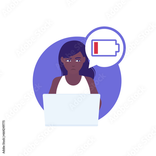 burnout or fatigue vector design with a girl and low battery