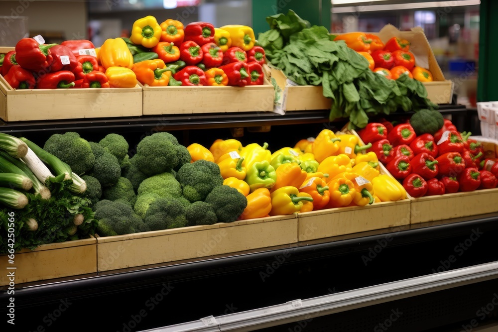 Fruits and vegetables on shop stand in supermarket grocery store.