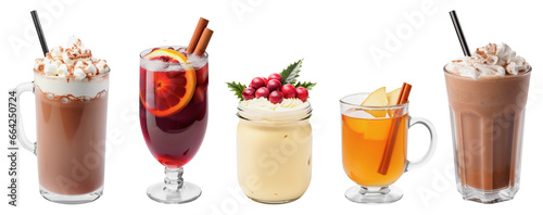 Hot chocolate, cocoa, mulled wine, apple cider and eggnog on a transparent background. Holiday winter drinks.